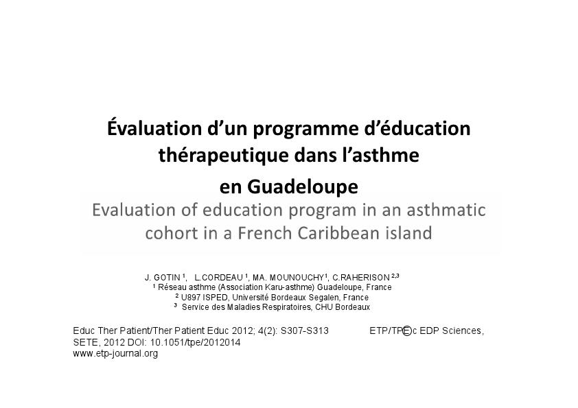 Evaluation d'un programme d'éducation thérapeutique dans l'asthme en Guadeloupe. J. Gotin