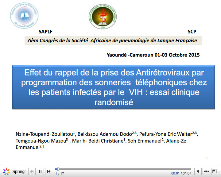 Effet du rappel de la prise des Antirétroviraux par programmation des sonneries téléphoniques chez les patients infectés par le VIH essai clinique randomisé. N. Zouliatou